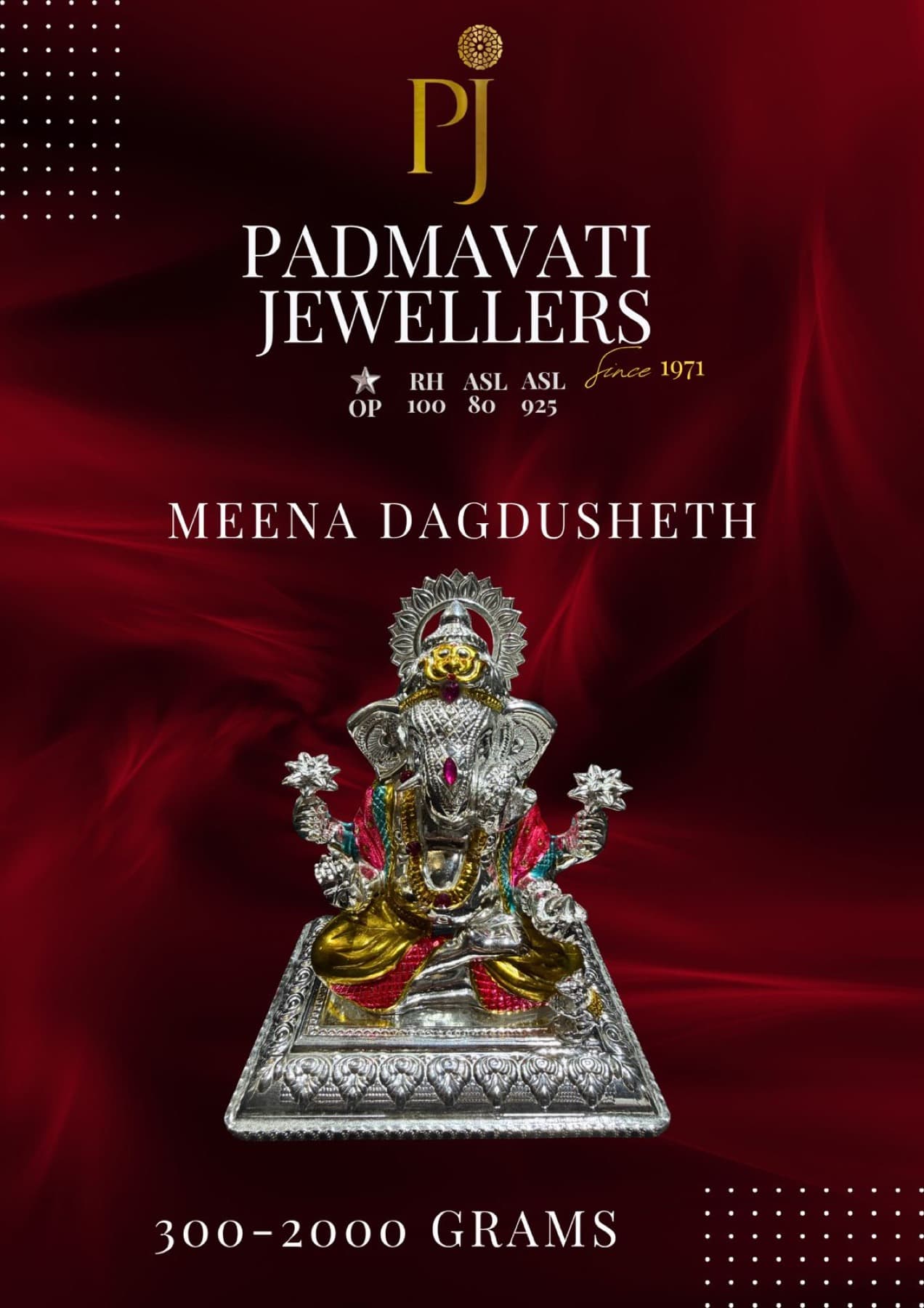 Meena Dagdusheth Ganpati idol in enamelled silver