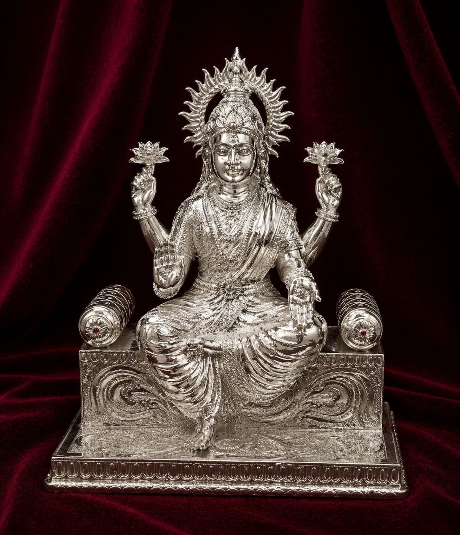 Silver Lakshmi idol seated on an ornate throne