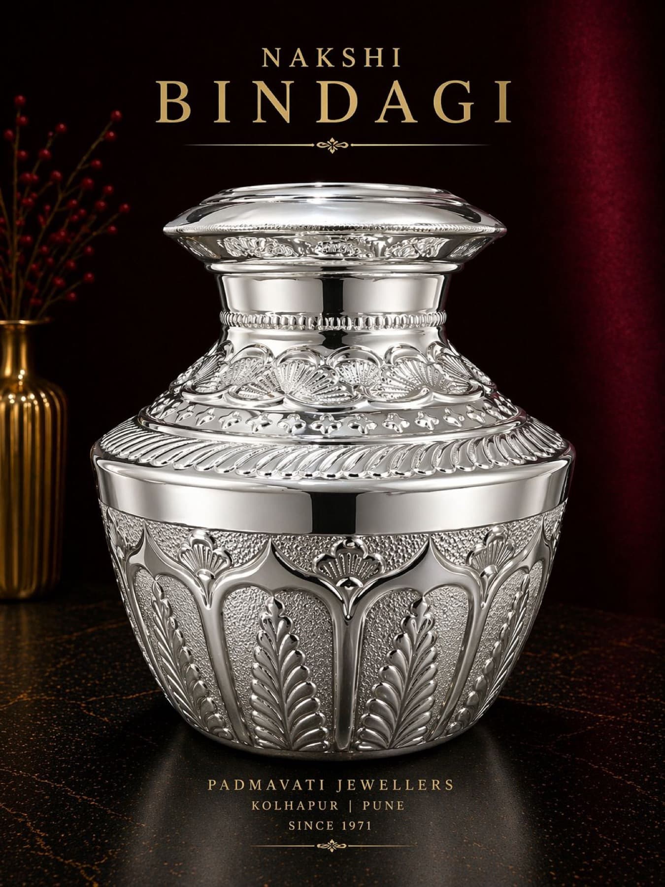 Hand-chased repoussé relief on an ornate silver kalash